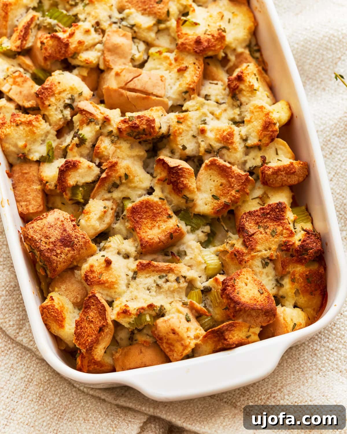 Flavorful Gluten-Free Stuffing 2 Overhead view of gluten-free stuffing in a baking dish