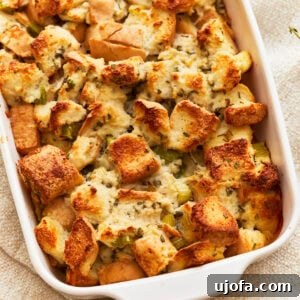 Close up of gluten-free stuffing in a baking dish
