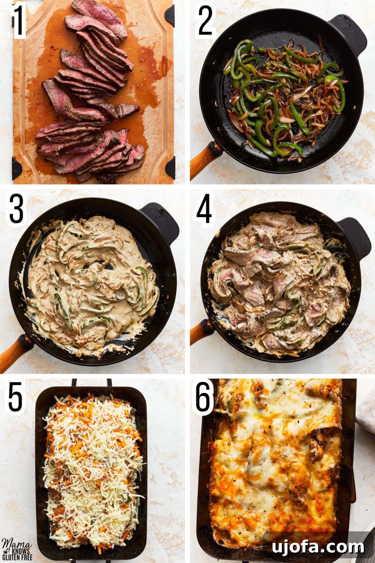 Step-by-step photos demonstrating how to make Philly Cheesesteak Casserole