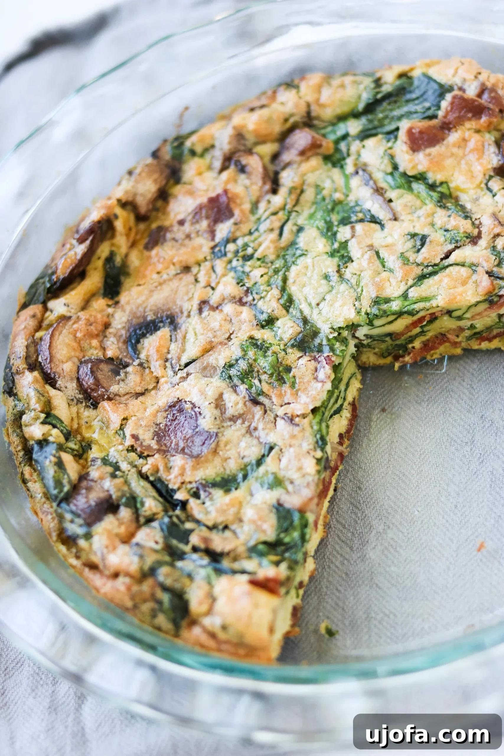 Whole30 Spinach Bacon Mushroom Frittata 3 Close-up of freshly baked crustless quiche