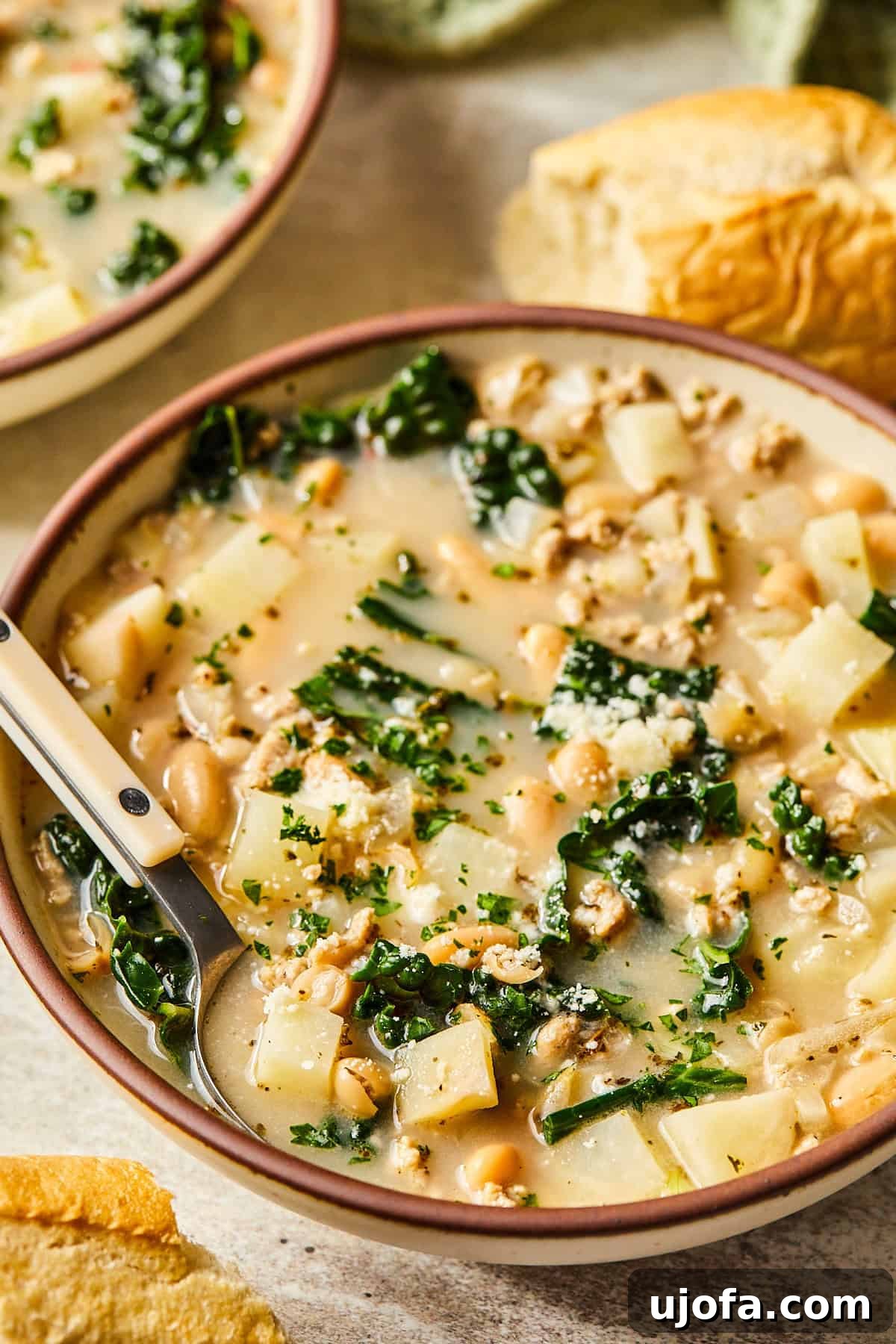 A close-up shot of a single bowl of rich sausage, kale, and white bean soup, with a spoon nestled in it, ready to be enjoyed.
