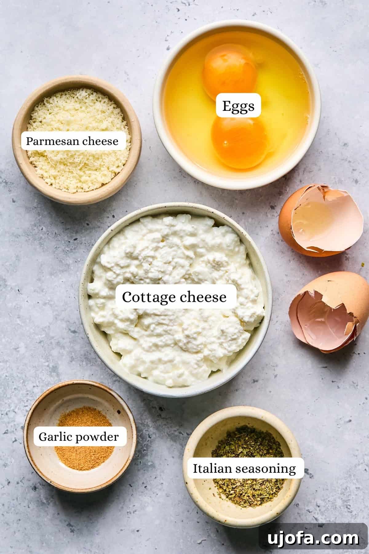 High Protein Cottage Cheese Flatbread Gluten Free Flourless 3 Individual ingredients for cottage cheese flatbread neatly arranged in nesting bowls, ready for preparation.