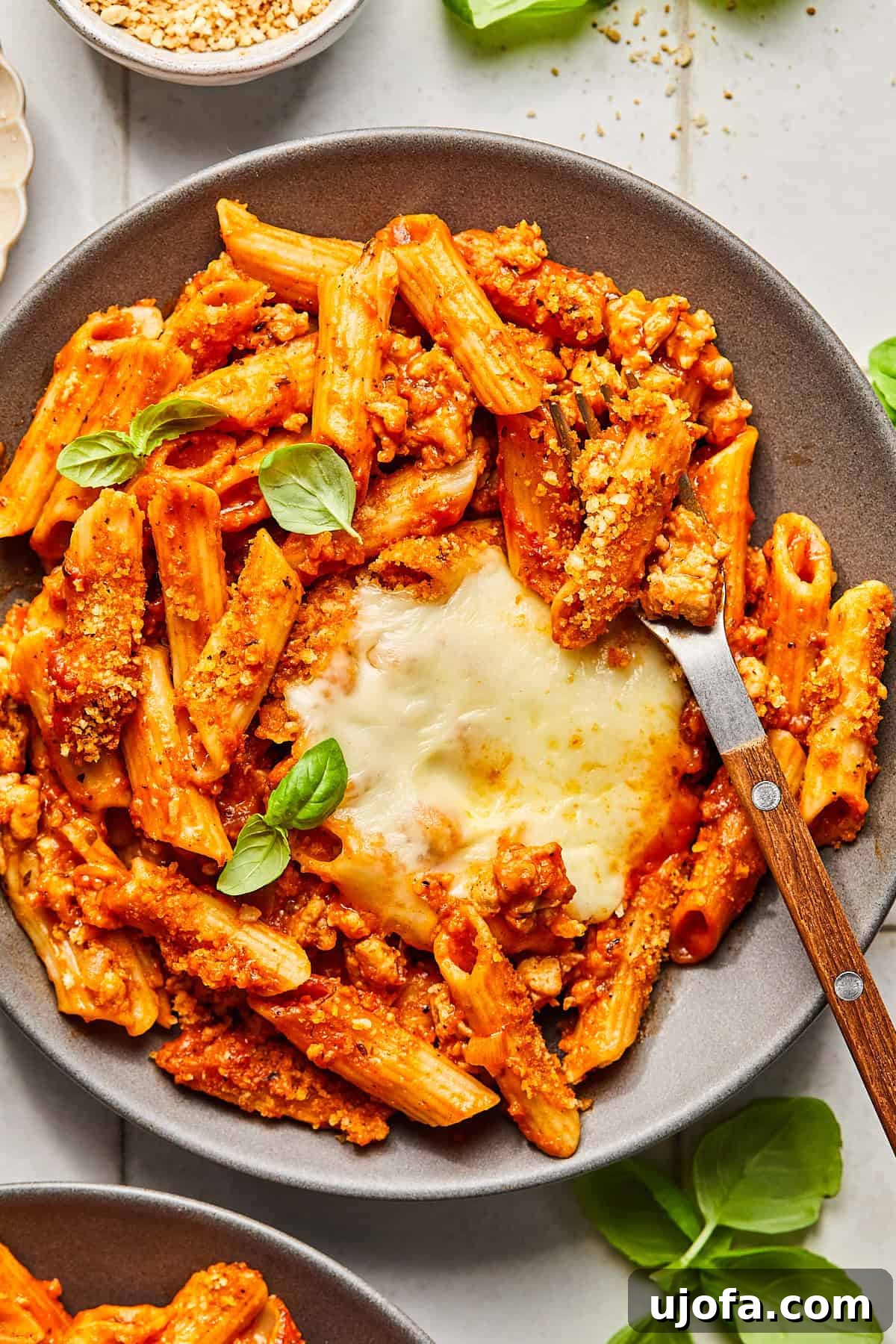 a plate of chicken parmesan pasta topped with basil 