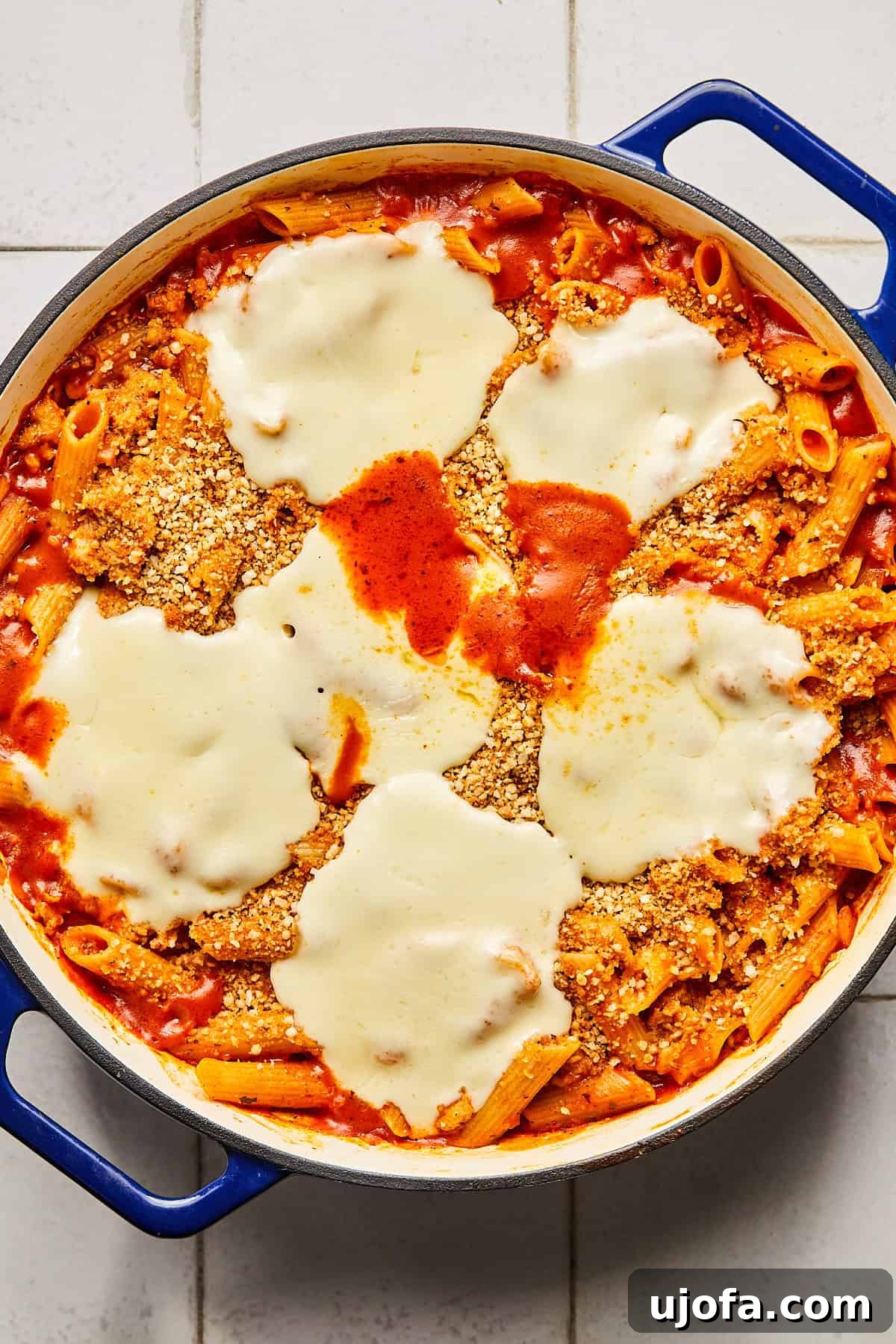 chicken parmesan pasta in a dutch oven topped with mozzarella