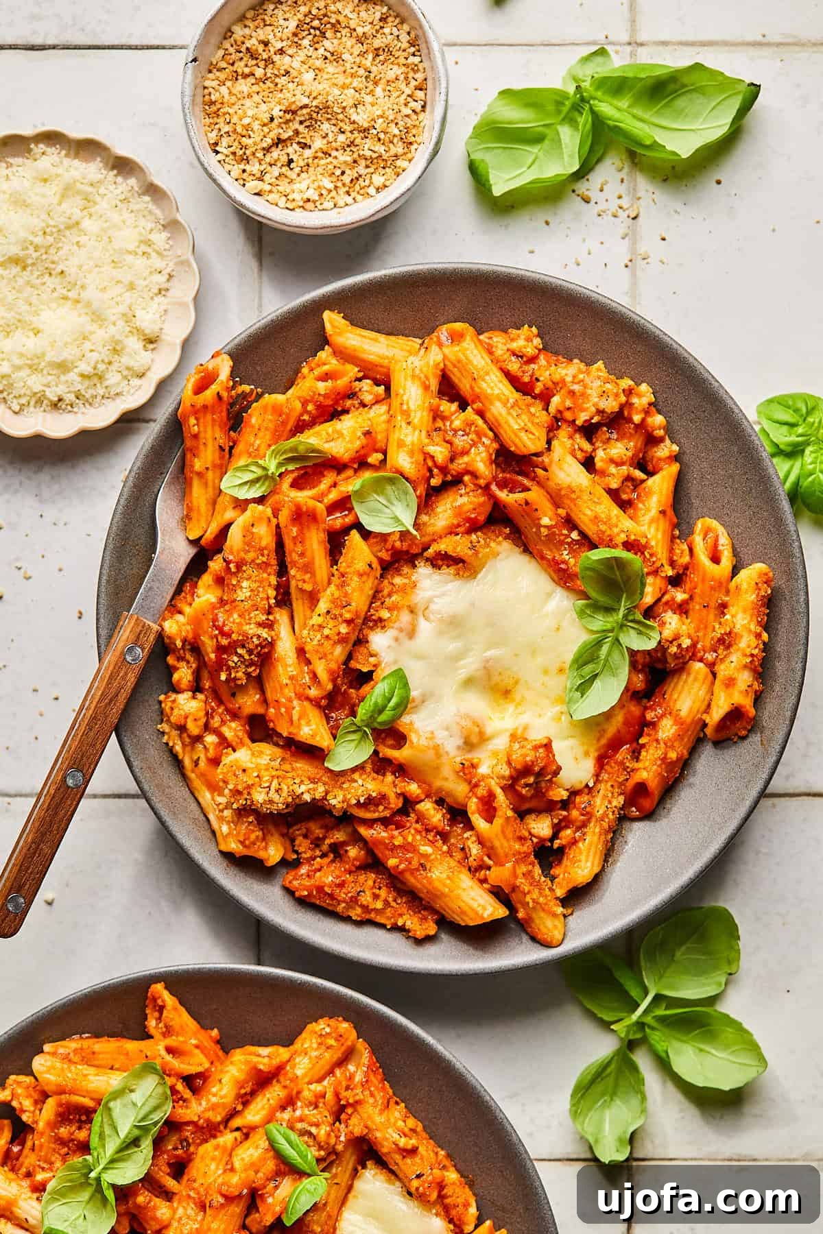 2 plates of pasta topped with mozzarella and basil
