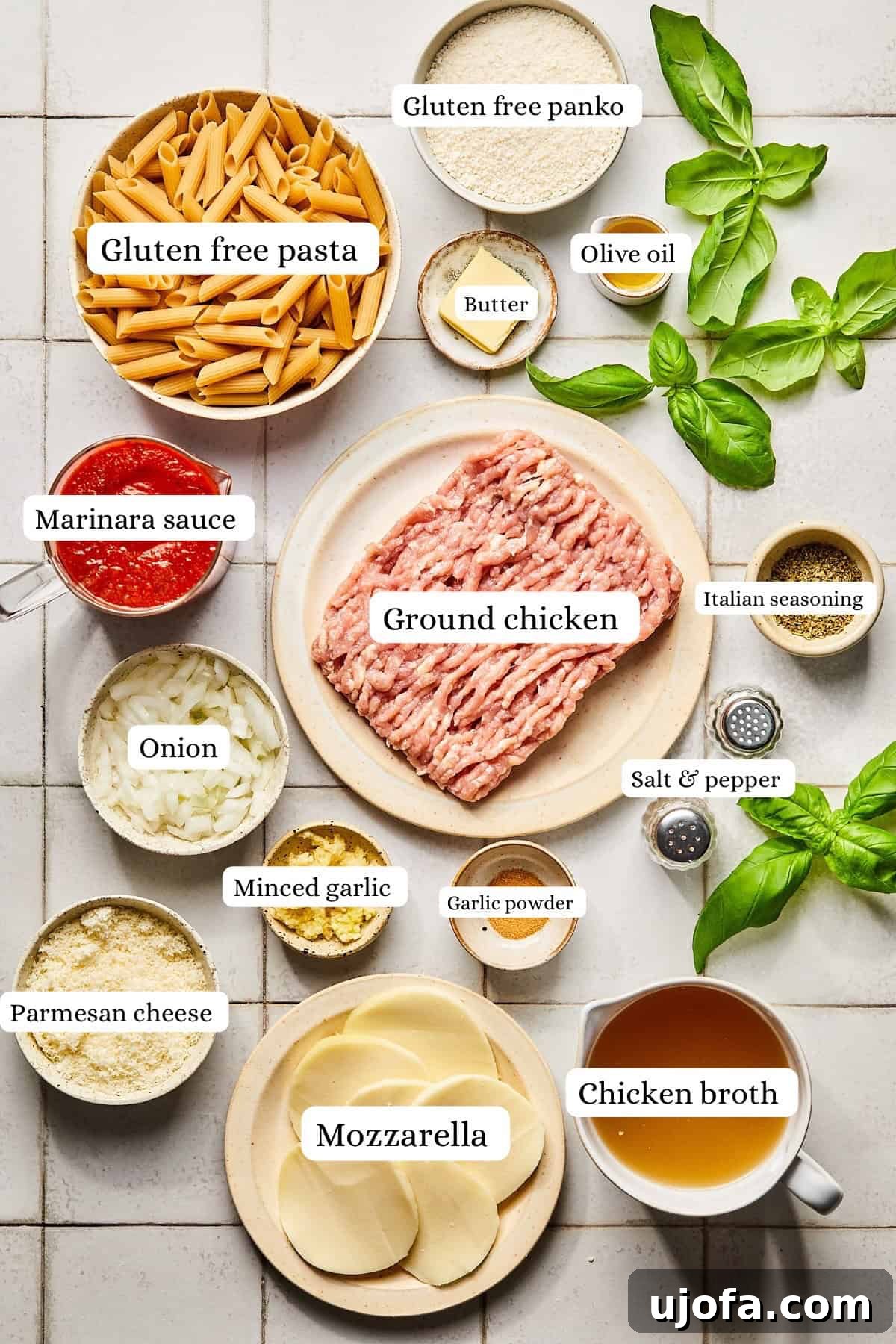 ingredients for chicken parmesan pasta in nesting bowls