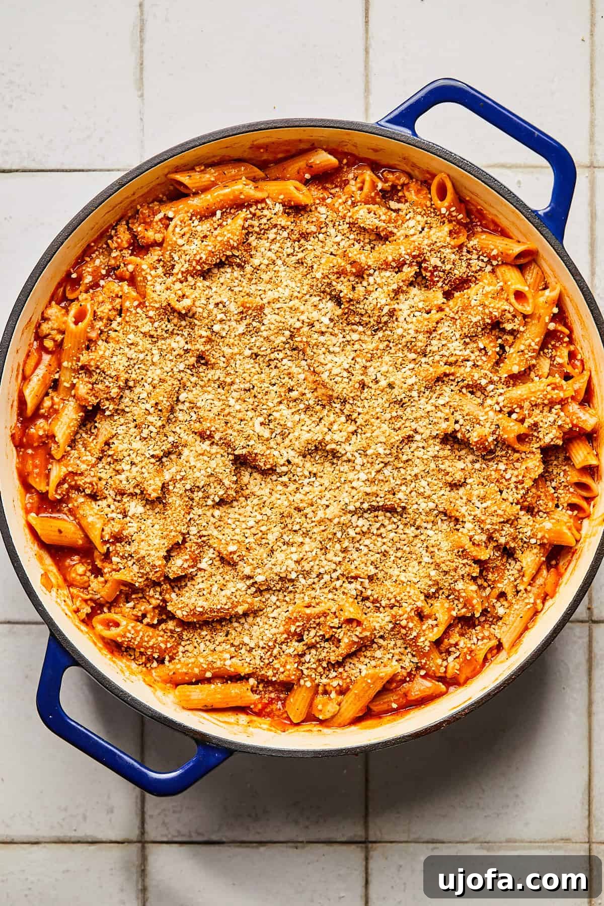 pasta with red sauce topped with breadcrumbs in a blue dutch oven