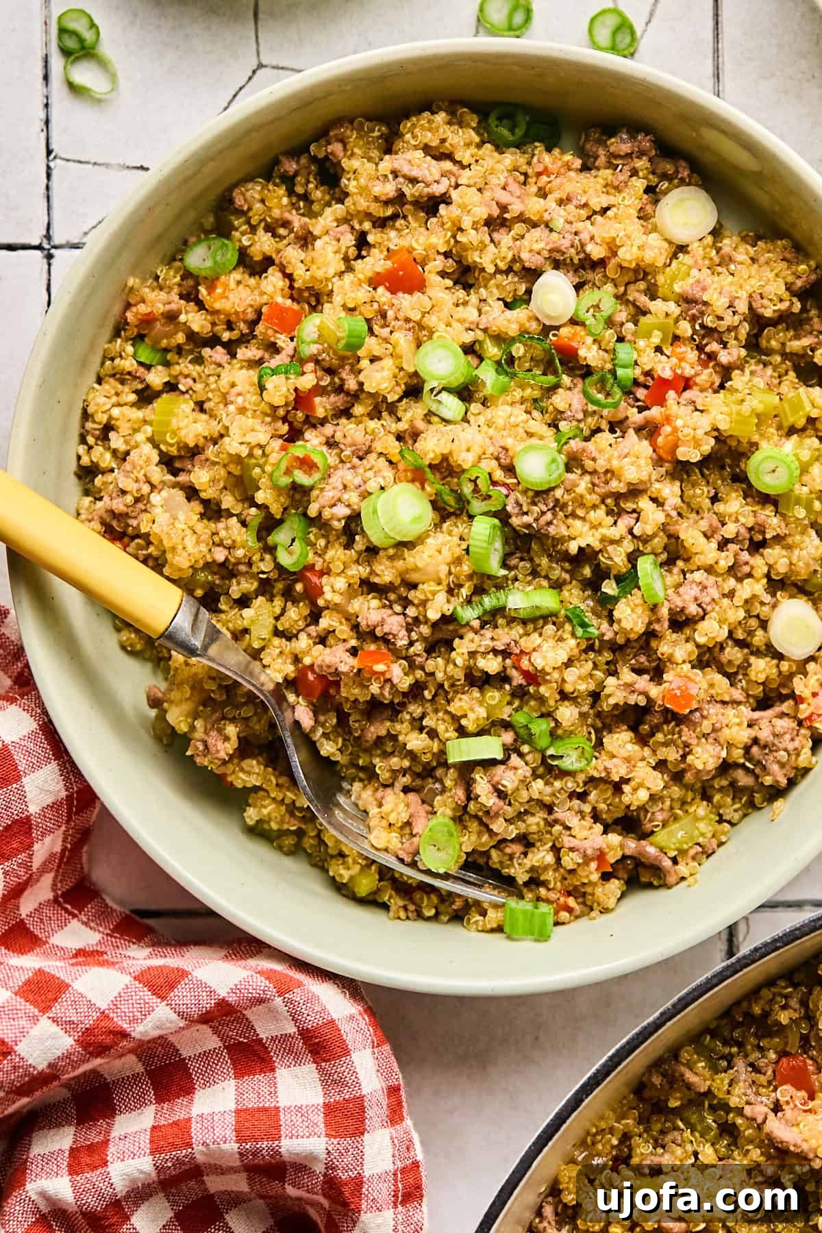 Dirty Quinoa: A Flavorful and Healthy Take on a Classic 2 The completed dirty quinoa dish in a bowl with a fork and topped with green onions, ready to be enjoyed.