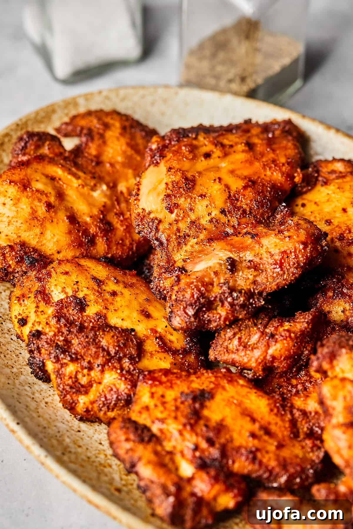 Crispy Juicy Air Fryer Boneless Thighs 2 air fryer boneless chicken thighs on a plate