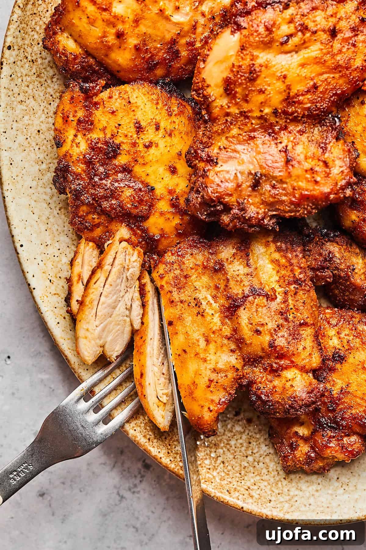 Crispy Juicy Air Fryer Boneless Thighs 12 a fork and knife slicing in to one piece of chicken to show the cooked middle