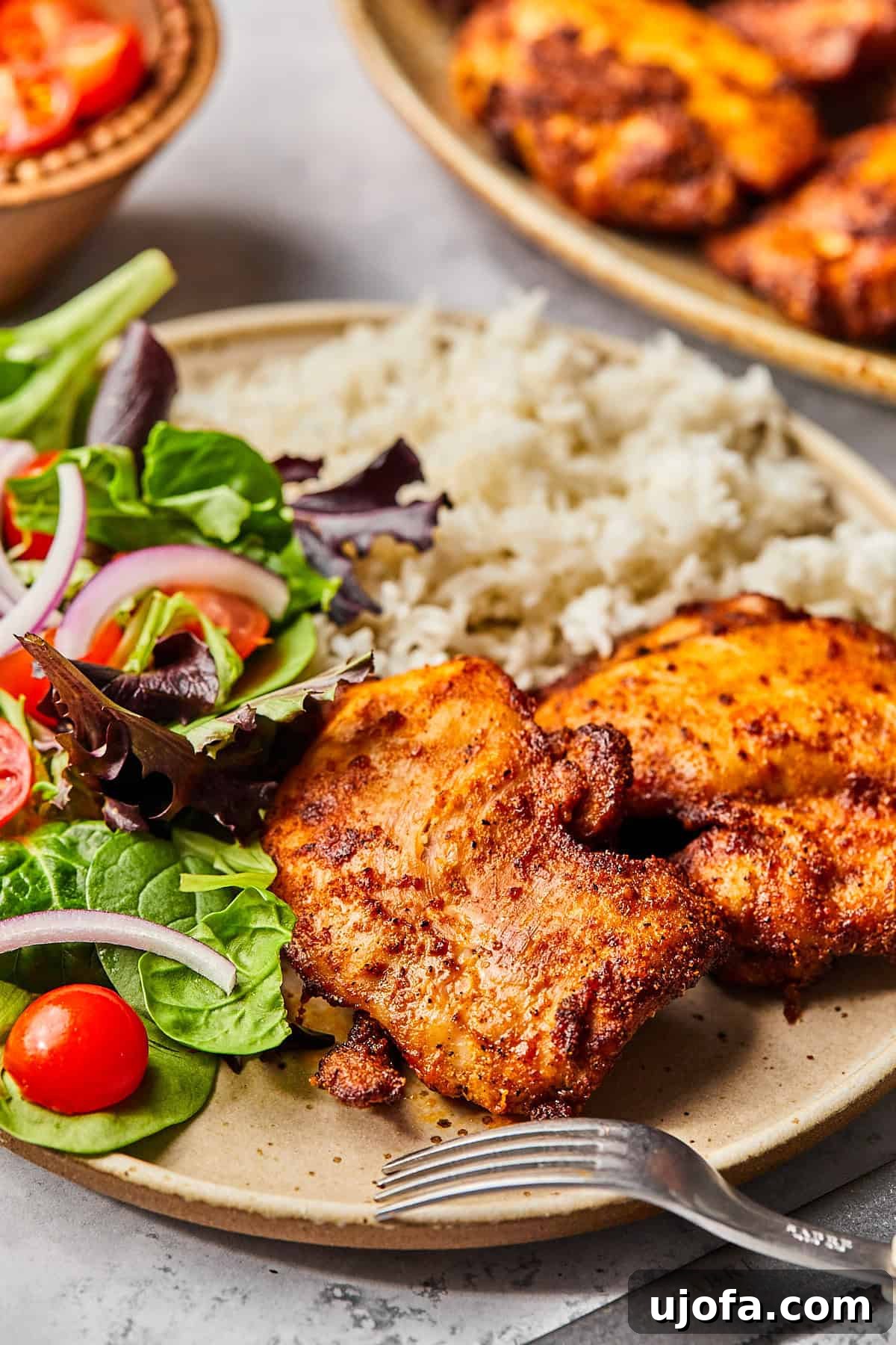 Crispy Juicy Air Fryer Boneless Thighs 13 chicken and sides on a plate with a fork