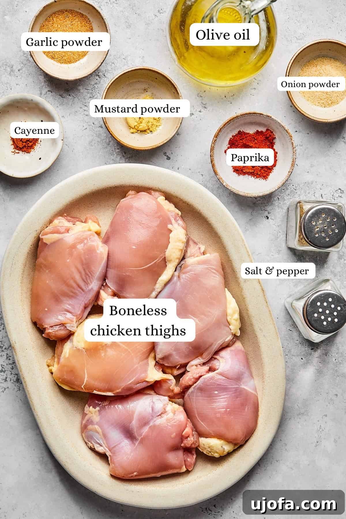 Crispy Juicy Air Fryer Boneless Thighs 3 recipe ingredients in small bowls and labeled