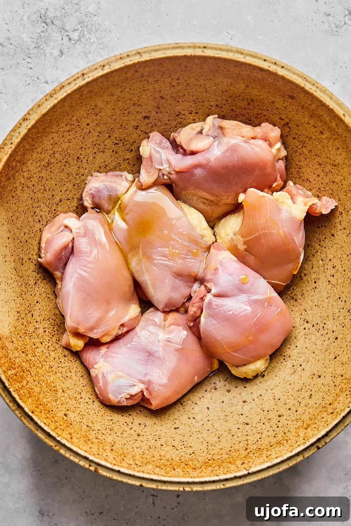 Crispy Juicy Air Fryer Boneless Thighs 5 raw chicken in a bowl