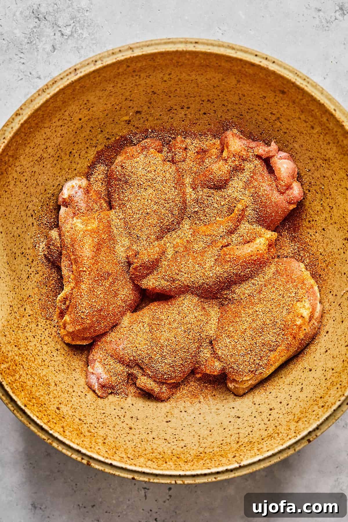 Crispy Juicy Air Fryer Boneless Thighs 6 spices covering the raw chicken in a mixing bowl