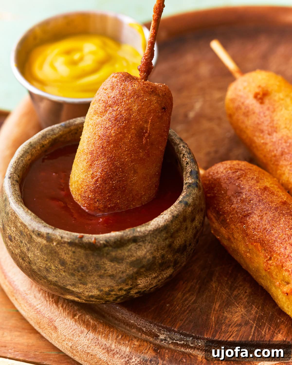 Irresistible Gluten-Free Corn Dogs 2 A gluten-free corn dog dipped in ketchup, showcasing its crispy texture.