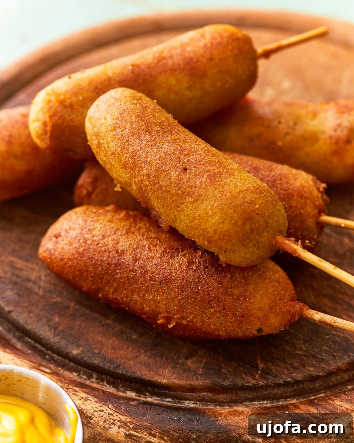 Irresistible Gluten-Free Corn Dogs 5 A vibrant close-up of several crispy gluten-free corn dogs arranged on a wooden plate, ready to be served as a delicious snack or appetizer.