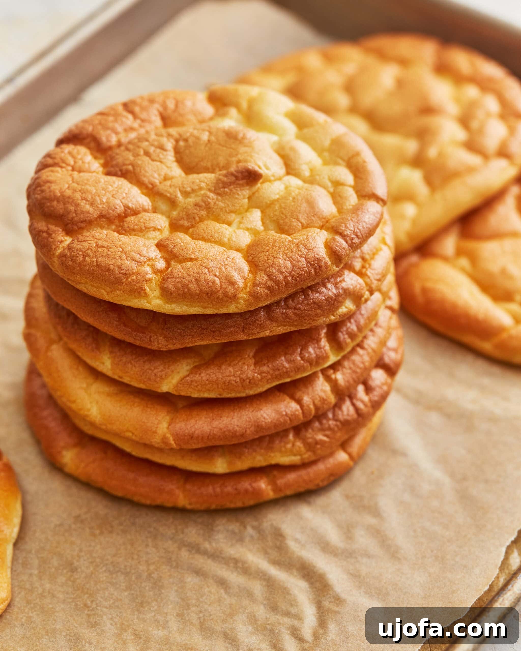 Fluffy Cloud Bread 10 A stack of cloud bread on a parchment lined baking sheet.
