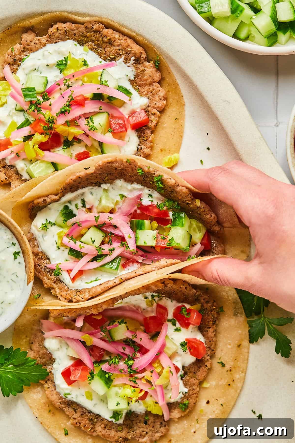 Turkey Gyro Smash Tacos 14 A hand holding a perfectly assembled turkey smash burger taco