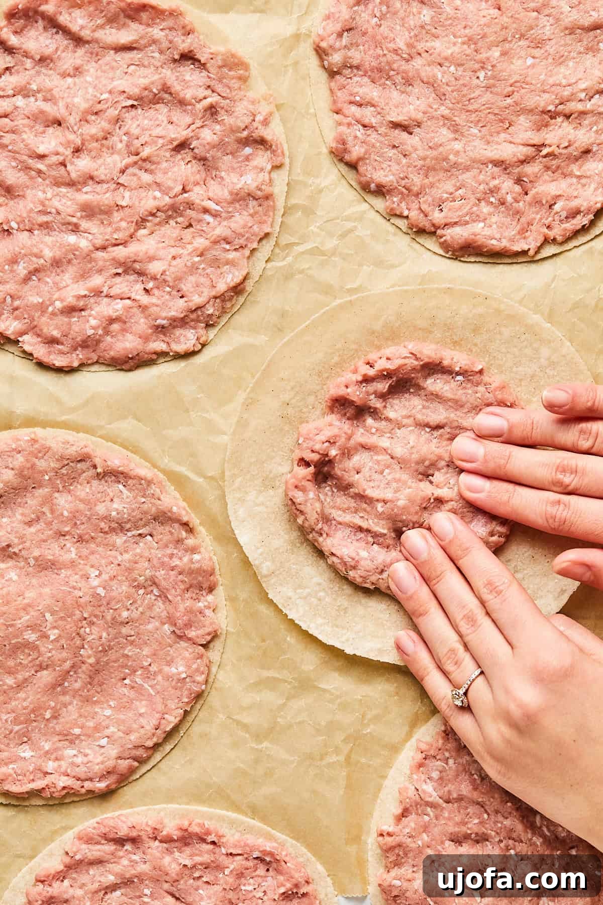 Turkey Gyro Smash Tacos 7 Ground turkey being pressed and spread thin on tortillas
