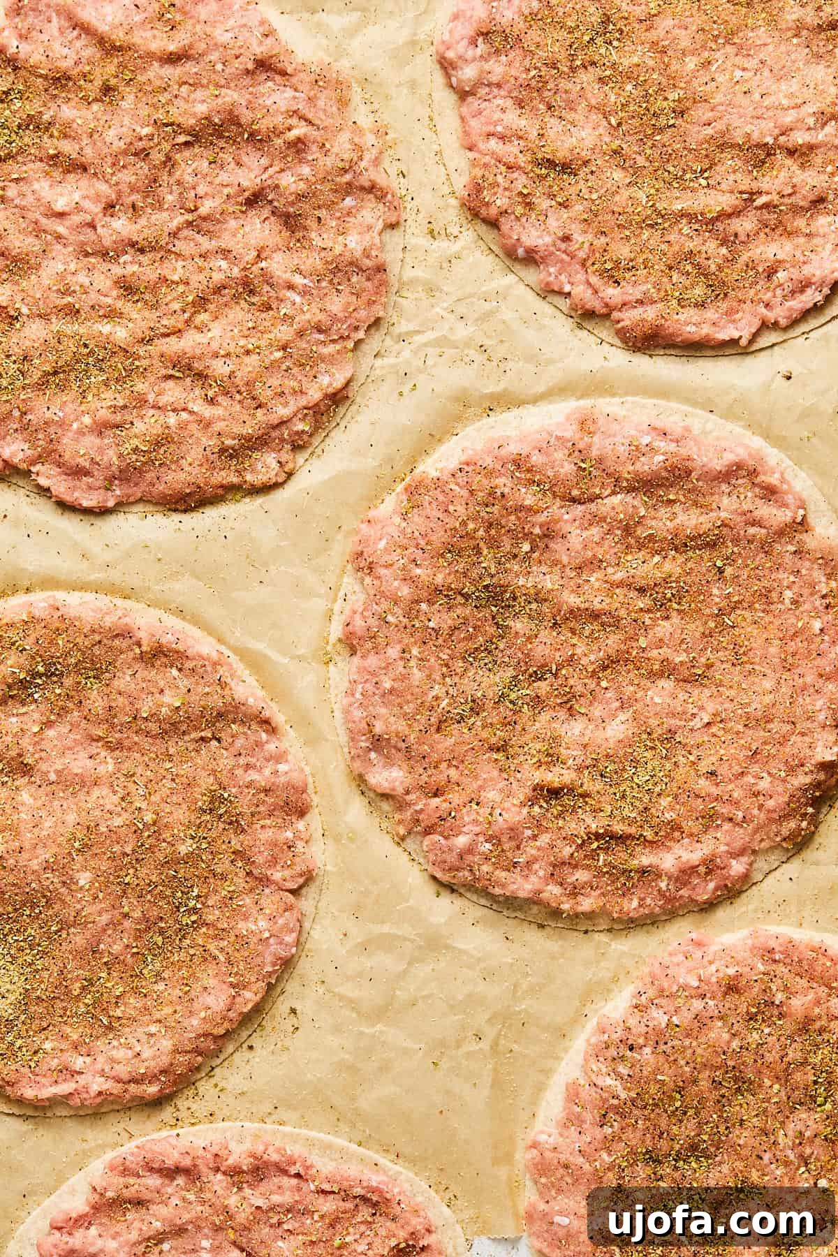 Turkey Gyro Smash Tacos 8 Raw ground turkey on tortillas sprinkled with Mediterranean seasonings