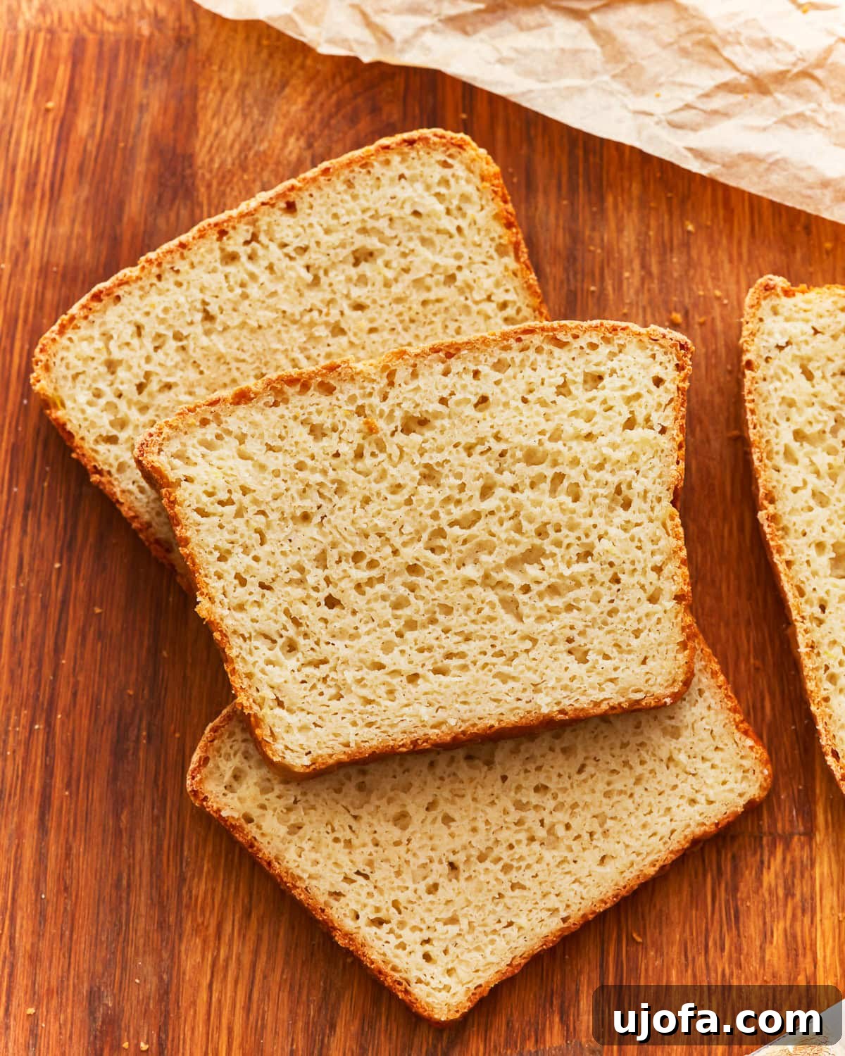 Hearty Gluten-Free Potato Loaf 2 Slices of gluten free potato bread on a wooden surface.