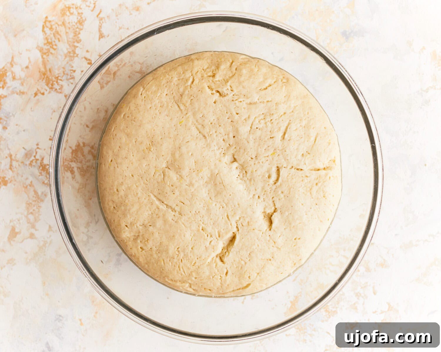 Hearty Gluten-Free Potato Loaf 9 Risen dough for gluten free potato bread in a glass mixing bowl.