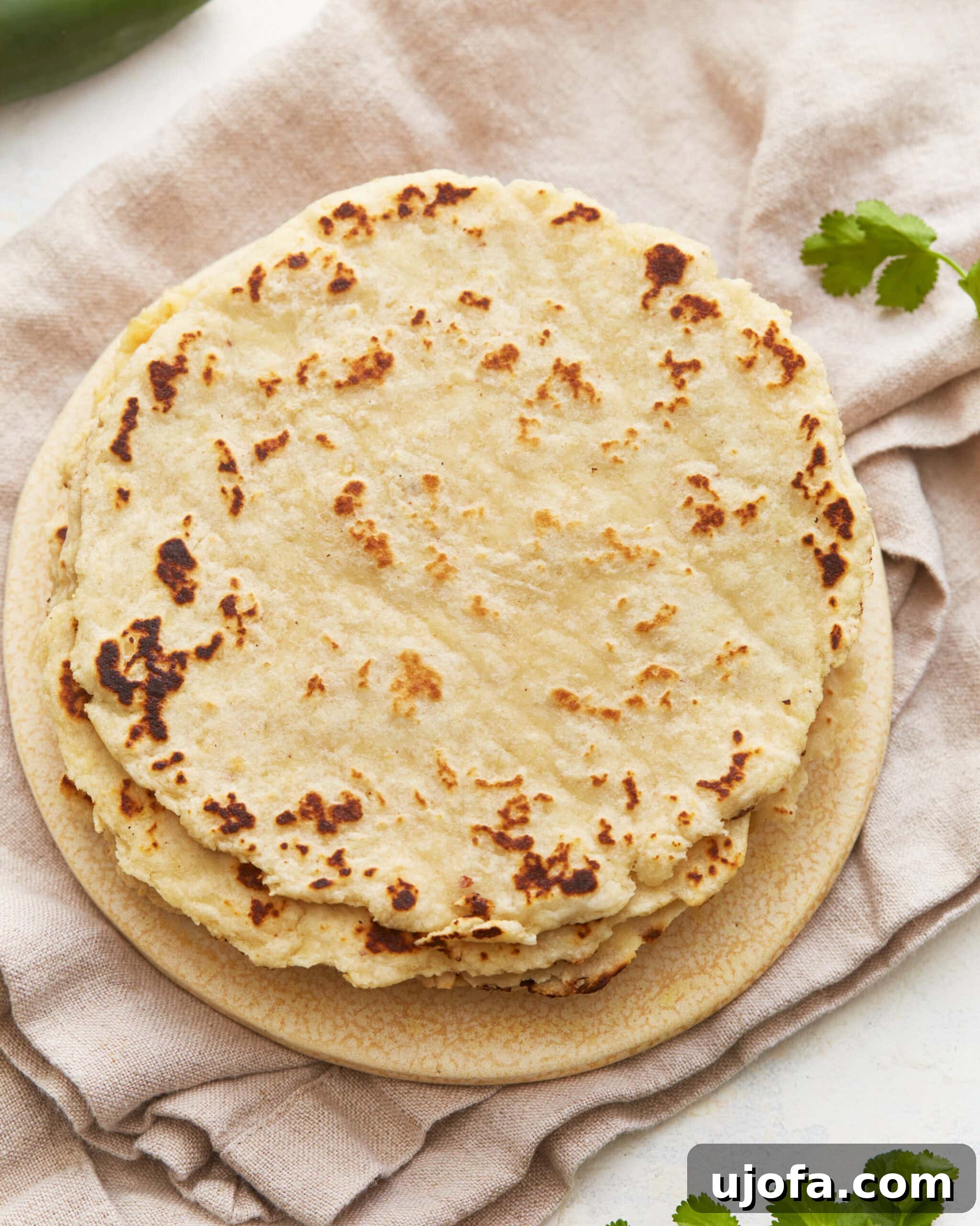 Overhead view of a stack of almond flour tortillas on a plate, ready for consumption.