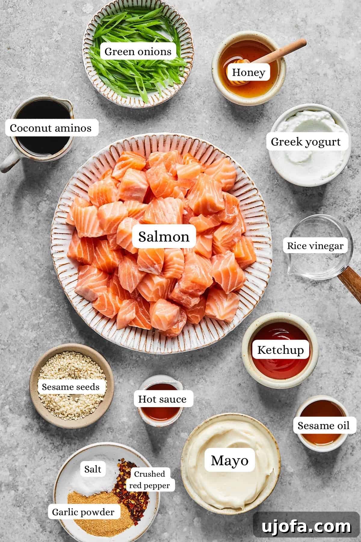 ingredients for bang bang salmon bites in nesting bowls