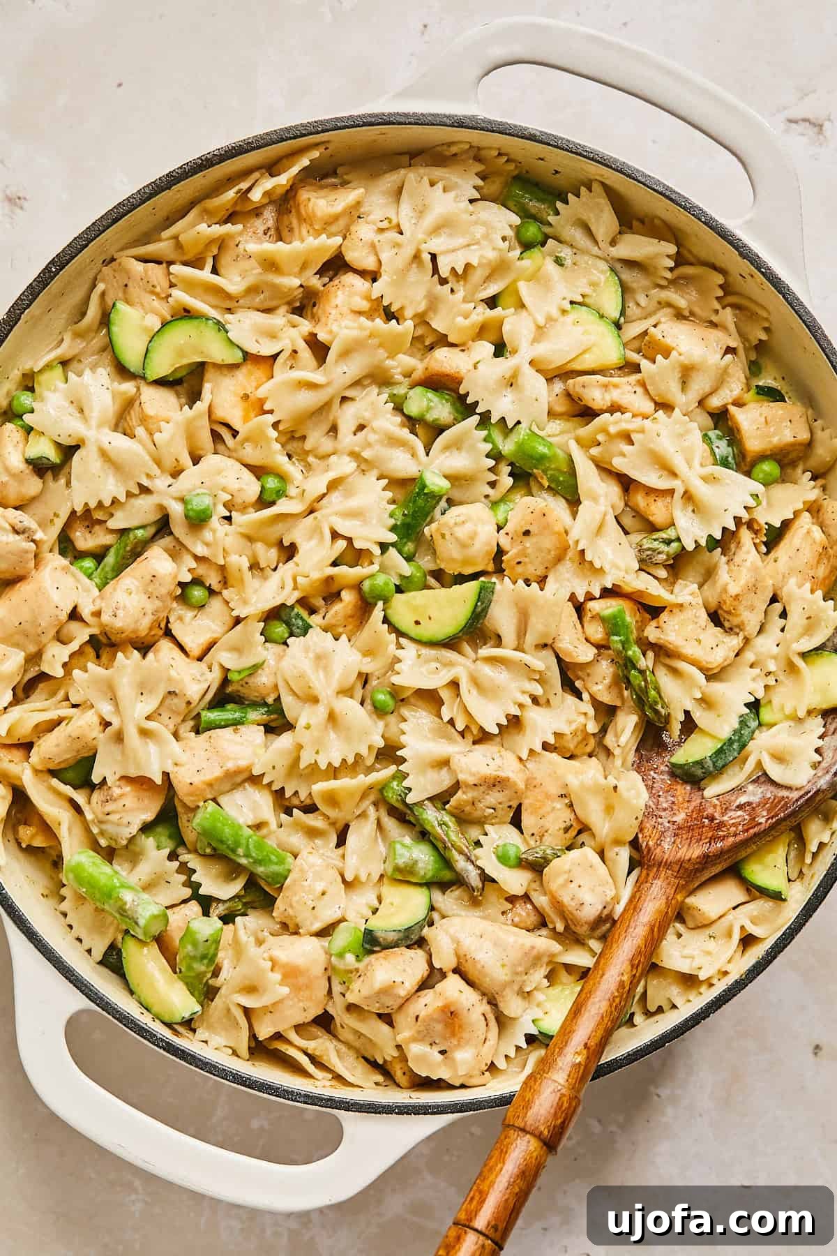 a pot of pasta, chicken and veggies