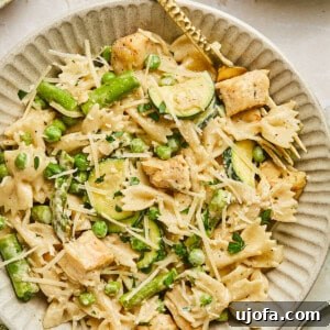 Boursin chicken pasta with spring veggies in a bowl with a gold fork