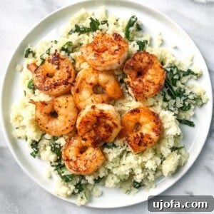 Spicy Shrimp Over Creamy Spinach Cauliflower Rice - a quick and healthy meal