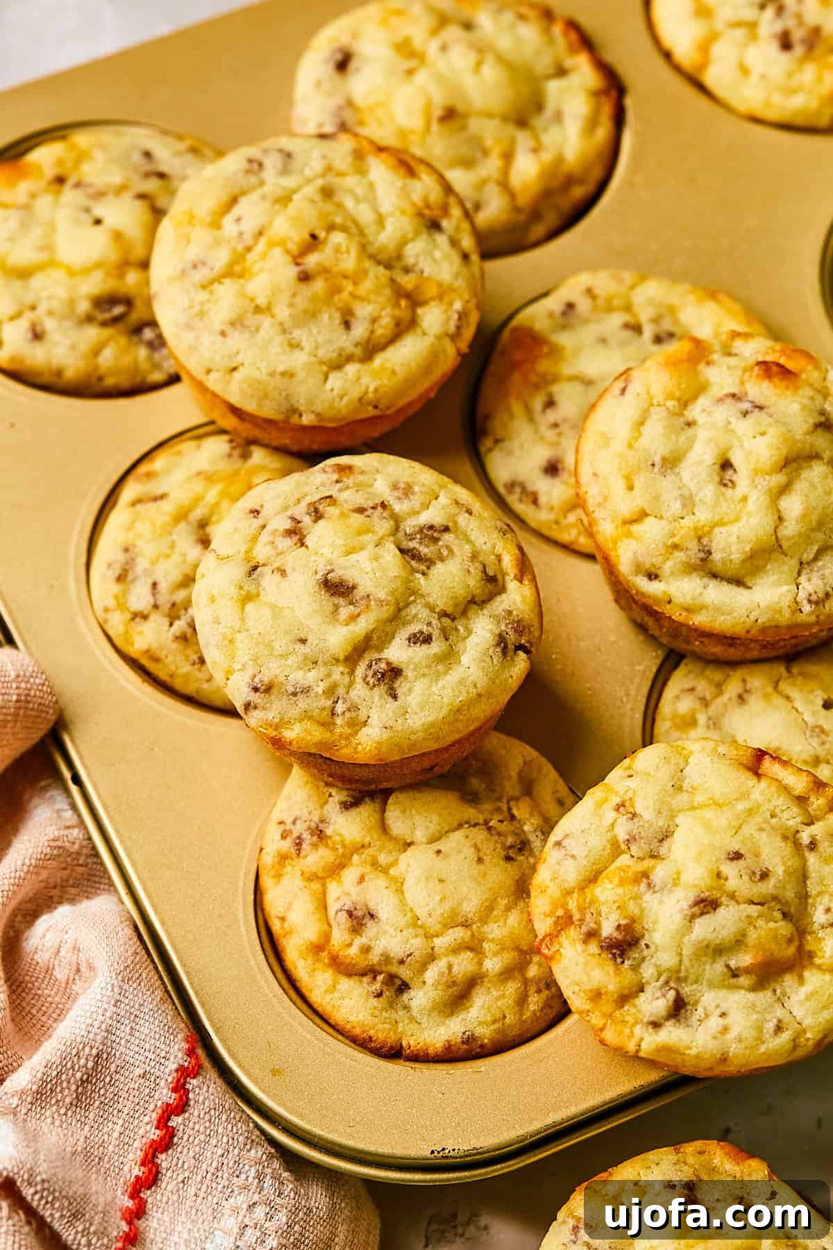 Close-up of McGriddle muffin stacked on top of a muffin tin