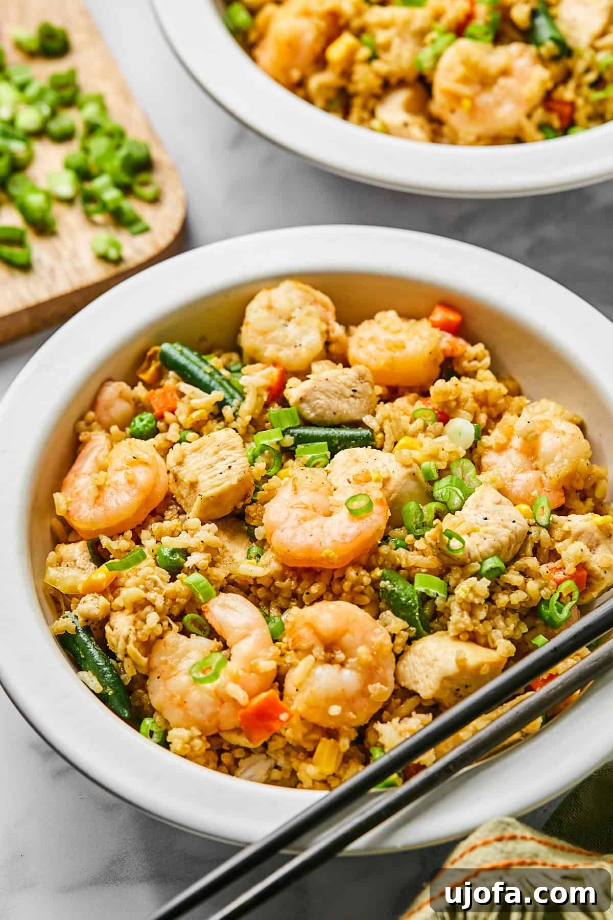 Final serving of chicken and shrimp fried rice in a white bowl with green onions