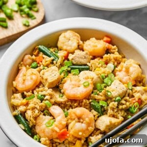Chicken and shrimp fried rice in a white bowl with chopsticks