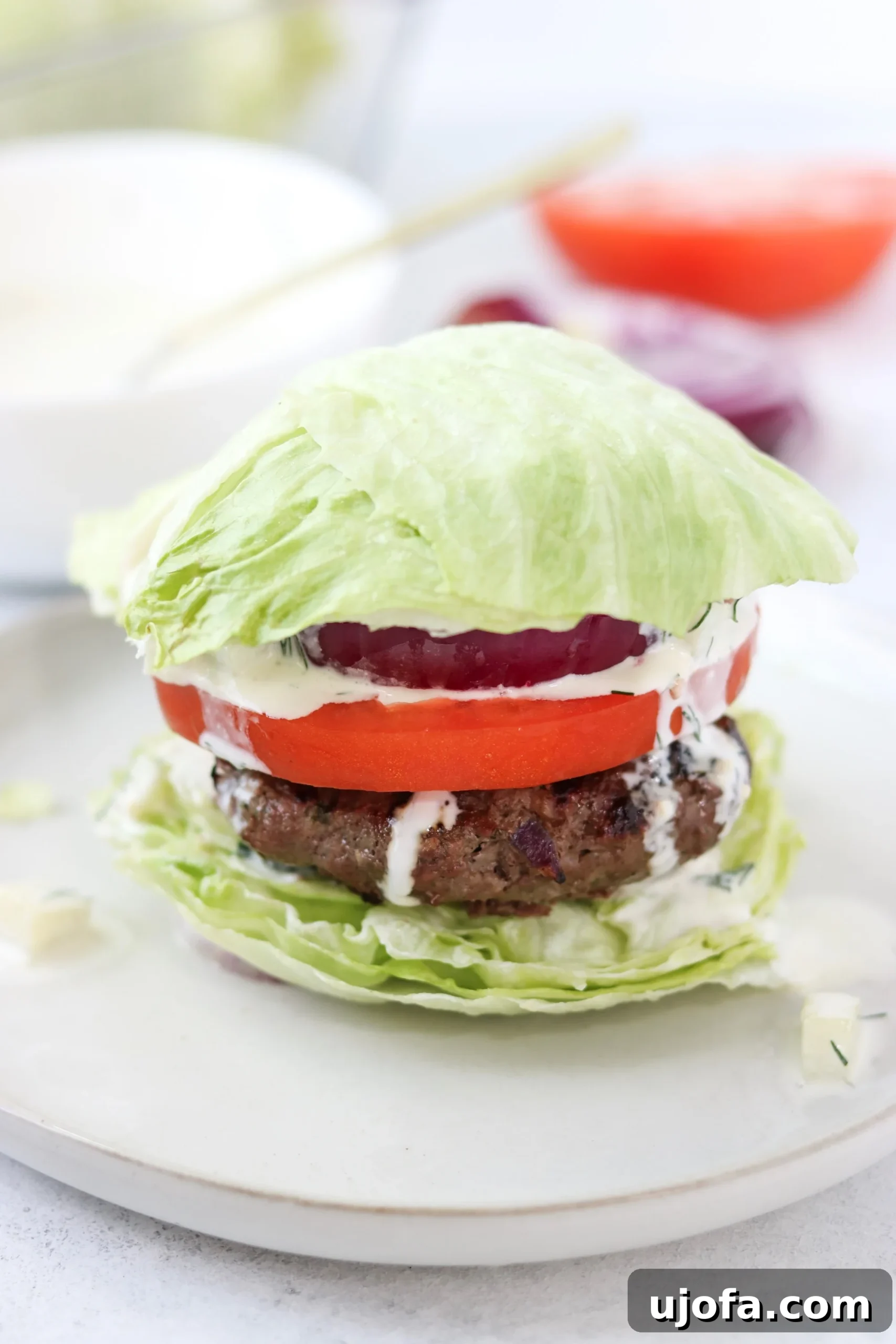 A close-up of a perfectly grilled Greek burger patty, showcasing its juicy texture, rich brown exterior, and visible seasonings.