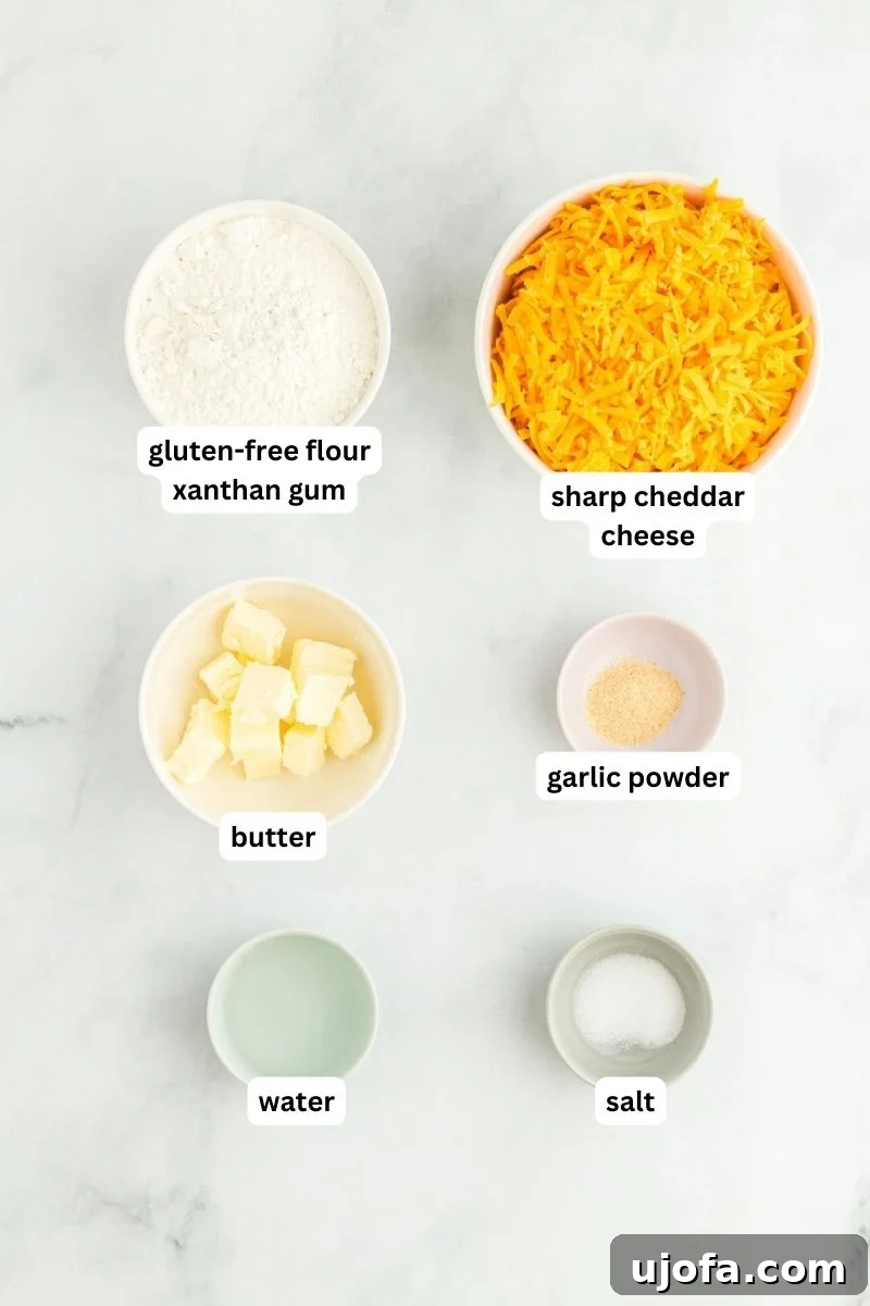 Assortment of ingredients for gluten-free Cheez-Its, including block cheddar, flour, butter, and spices.