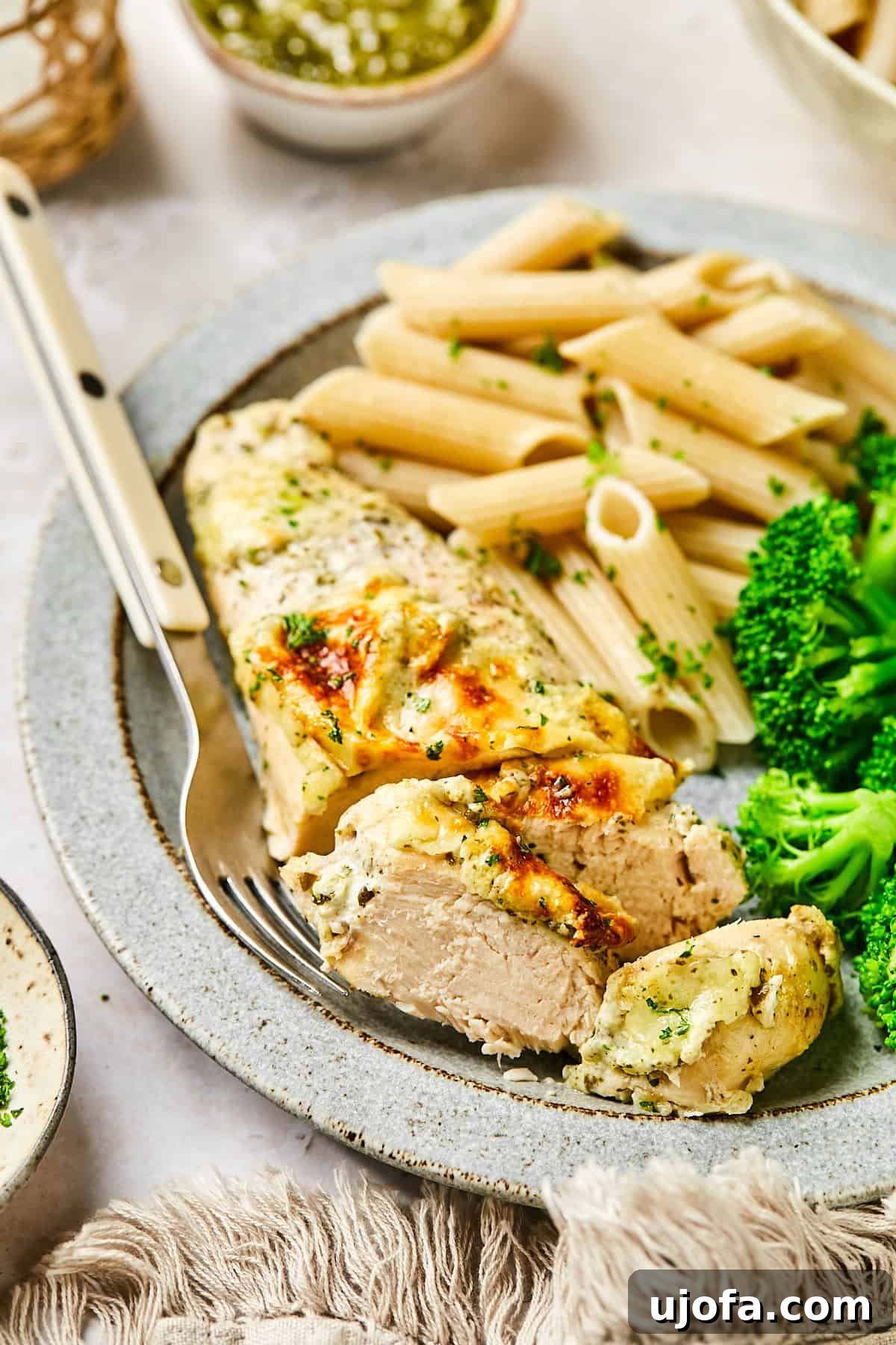 Sliced baked pesto chicken on a plate with fresh herbs and cheese, ready to eat