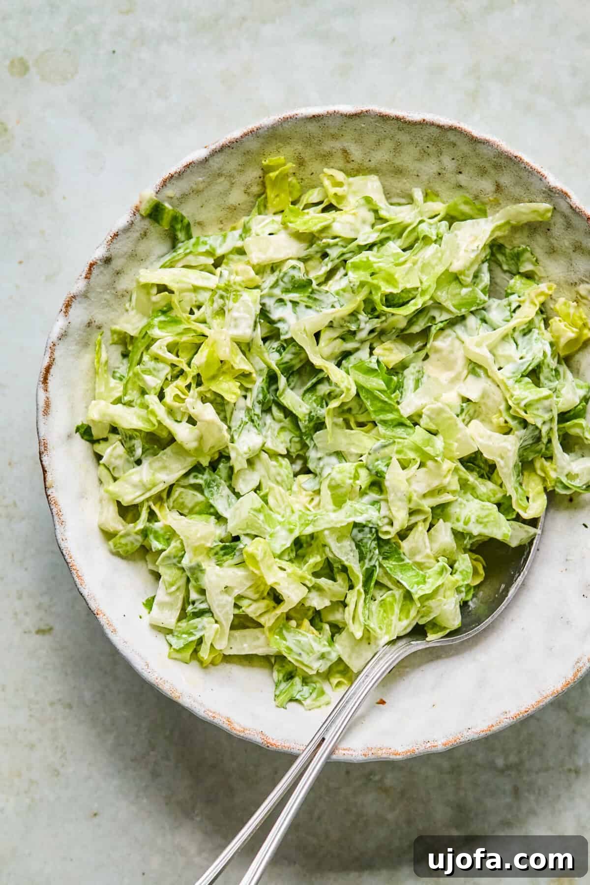 step 7: romaine tossed with Caesar dressing in a glass bowl