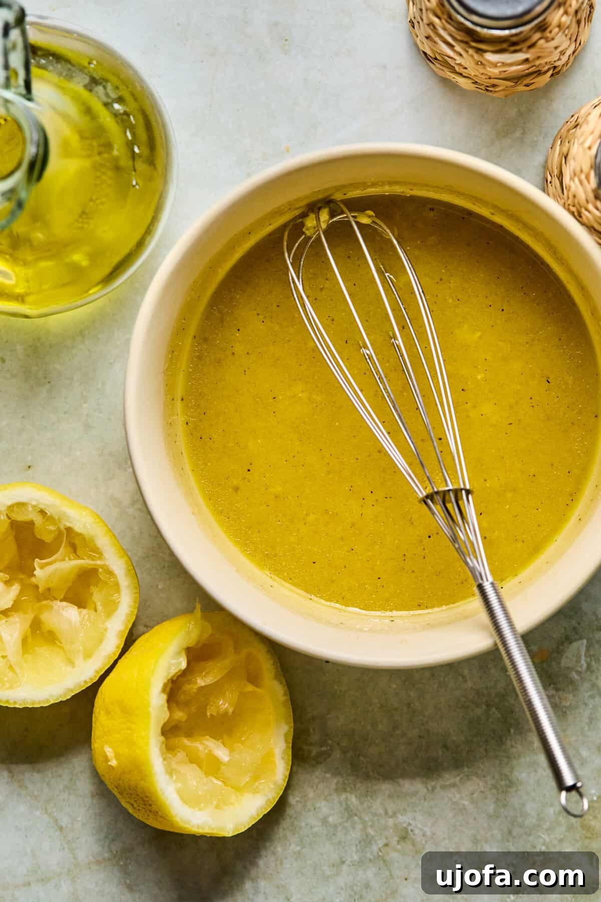 Jennifer Aniston Protein Power Prep Salad 4 Step 1: Whisking together the fresh lemon vinaigrette ingredients in a small bowl, showcasing the olive oil, lemon juice, and seasonings.