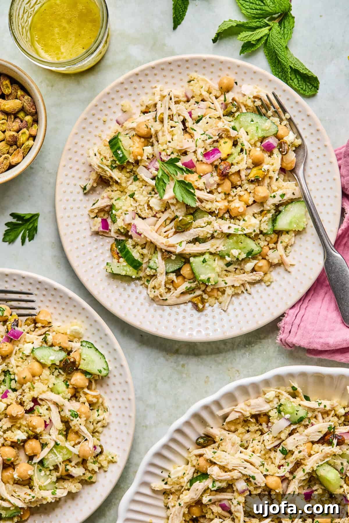 Jennifer Aniston Protein Power Prep Salad 7 A close-up view of the colorful and inviting finished Jennifer Aniston salad, highlighting the textures of feta, cucumber, chickpeas, and fresh herbs.