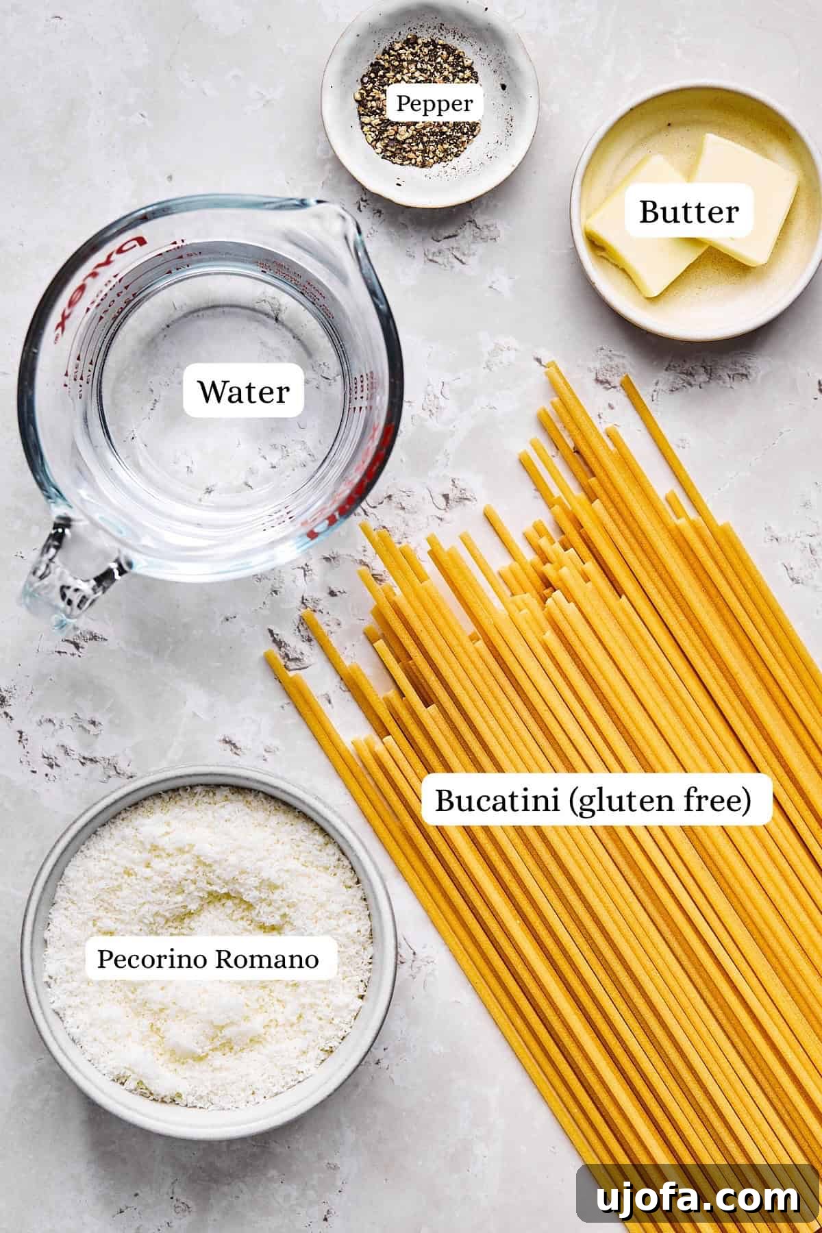 Simple 5 Ingredient Gluten Free Bucatini Cacio e Pepe 3 Ingredients for gluten-free cacio e pepe including Jovial bucatini, pecorino romano, butter, and black pepper