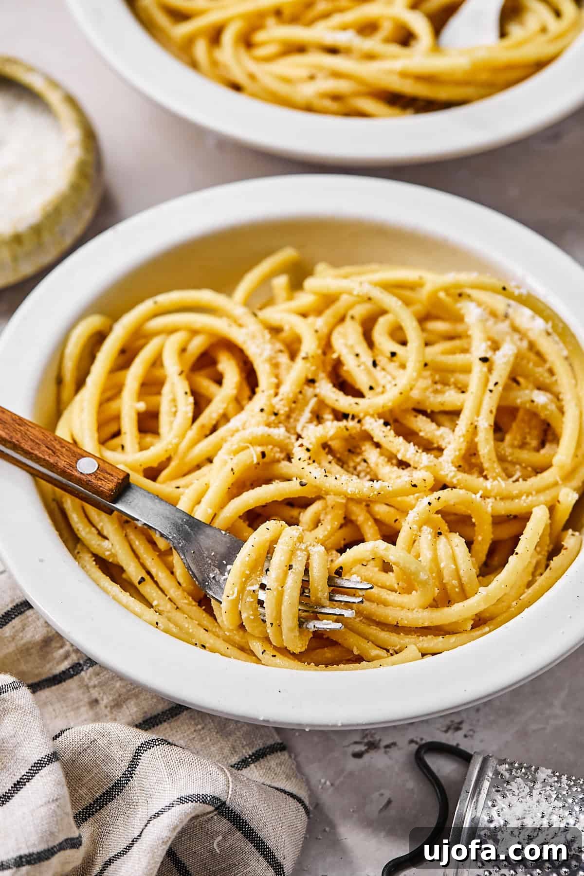 Simple 5 Ingredient Gluten Free Bucatini Cacio e Pepe 10 Close-up of bucatini cacio e pepe twirled on a fork with cracked pepper and grated cheese