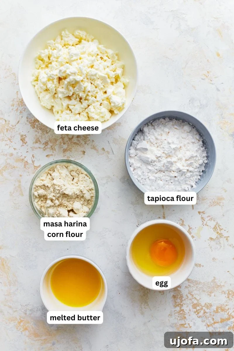 Golden Pandebono Colombian Bakery Classic 3 A flat lay of the five simple ingredients required for Pandebono: tapioca flour, masa harina, crumbled feta, an egg, and melted butter, artfully arranged on a kitchen surface.
