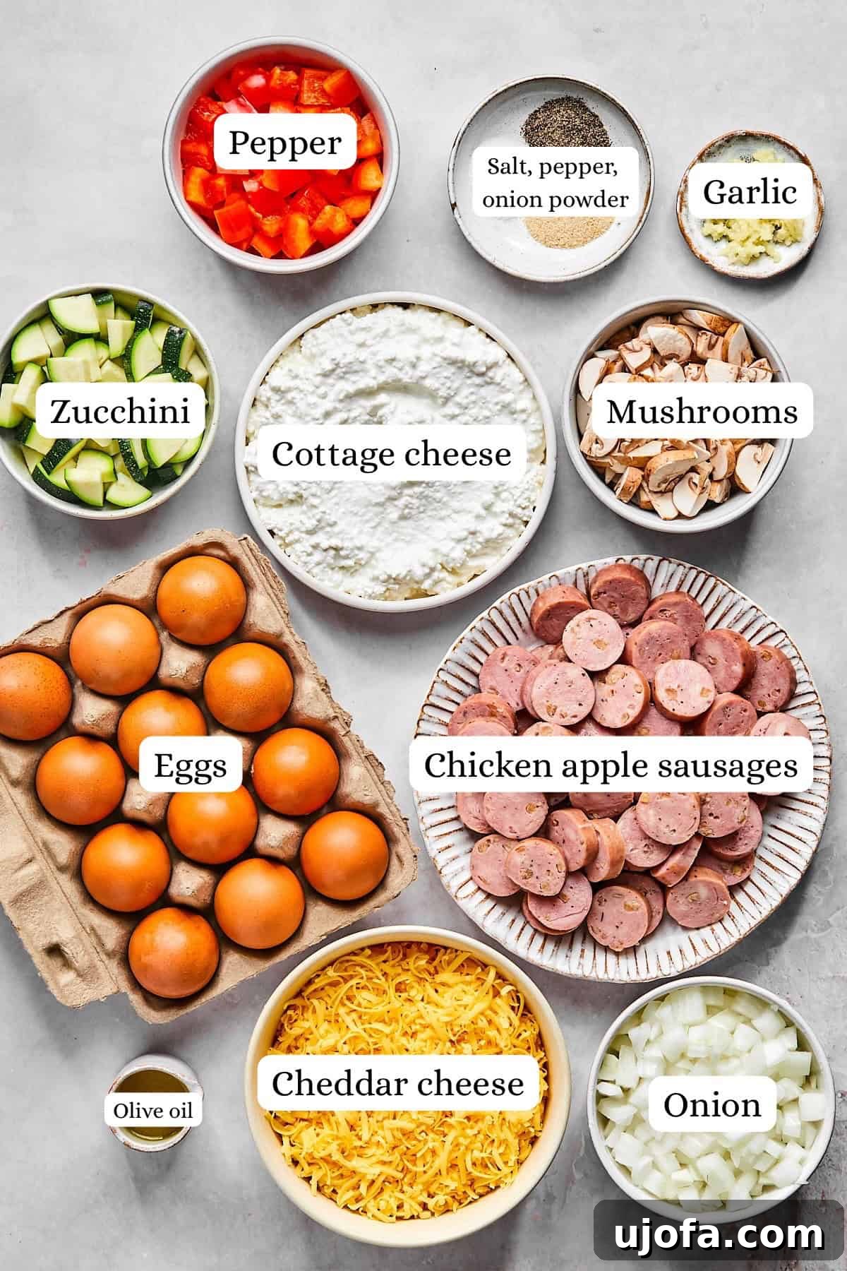 Hearty Cottage Cheese and Chicken Sausage Brunch Bake 3 Overhead view of ingredients for cottage cheese egg bake including eggs, sausage, vegetables, and cheese