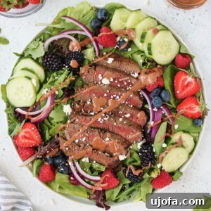 Close-up of the delicious Aussie Tenderloin Salad, showcasing the juicy beef, fresh berries, and vibrant greens.