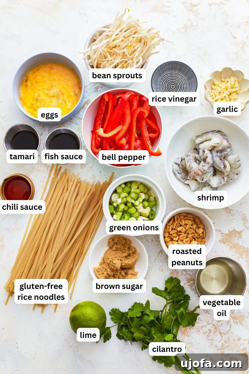 A selection of fresh ingredients laid out for making gluten-free pad thai.