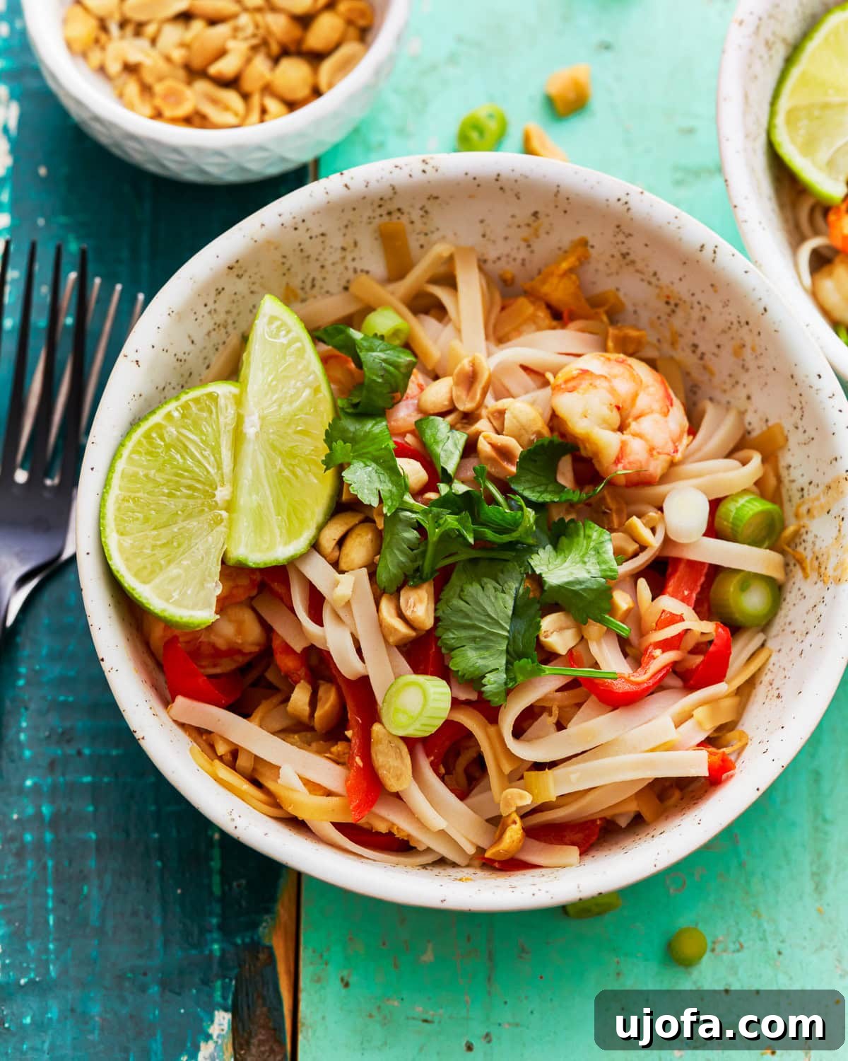A serving of homemade gluten-free pad thai in a bowl.