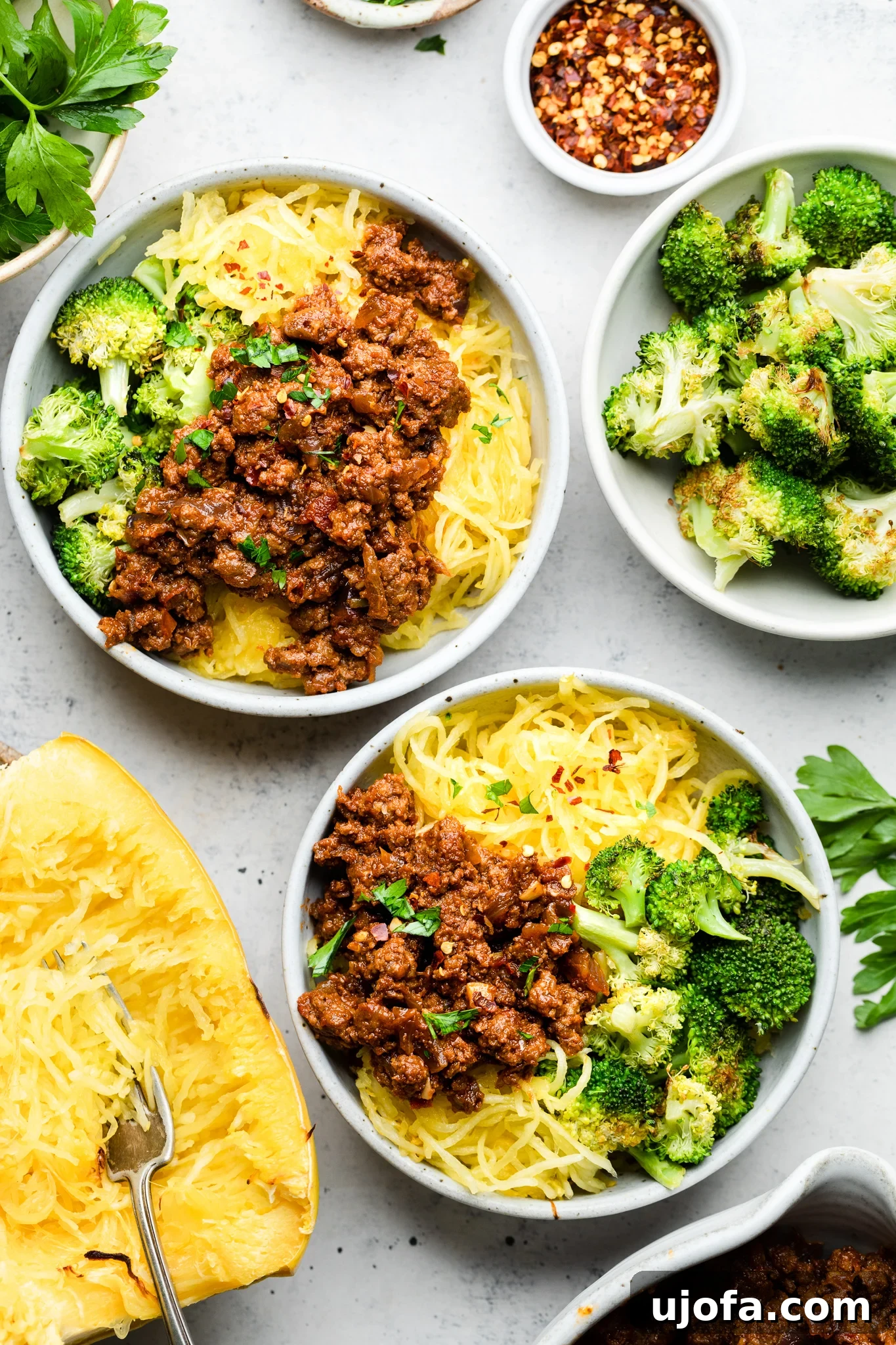 Whole30 Paleo Sloppy Joe Bowl 2 Whole30 Sloppy Joe Bowls served over spaghetti squash with roasted broccoli