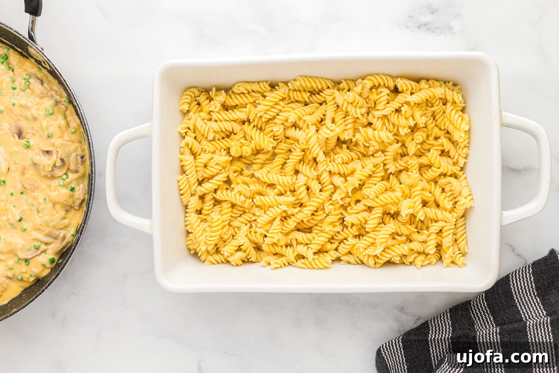 Cooked noodles in a baking dish