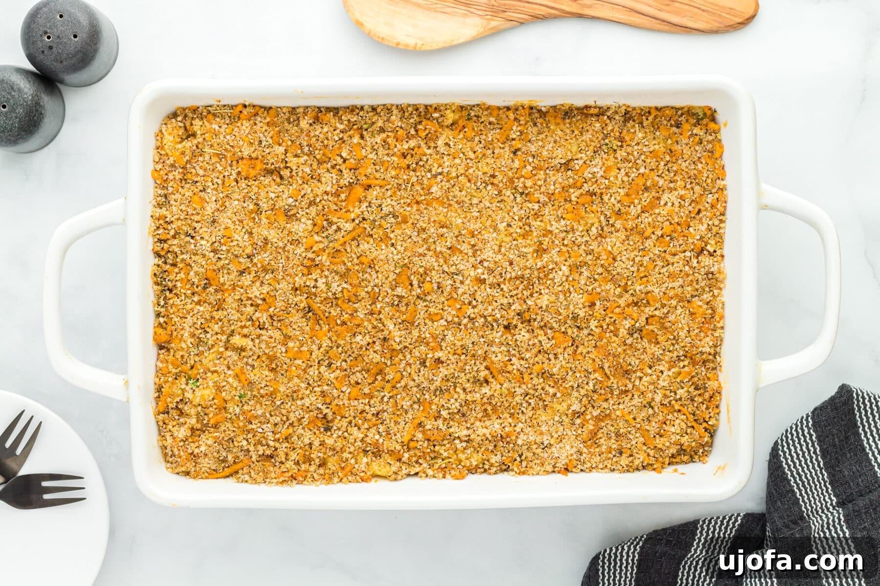 Gluten-free tuna casserole in a baking dish